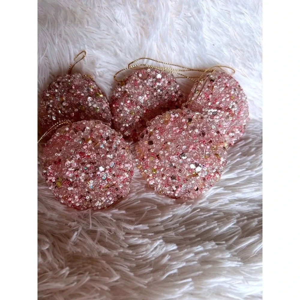 Pink Sparkly Beaded Christmas Tree Ornaments Set of 5 Gold Shimmering Baubles
